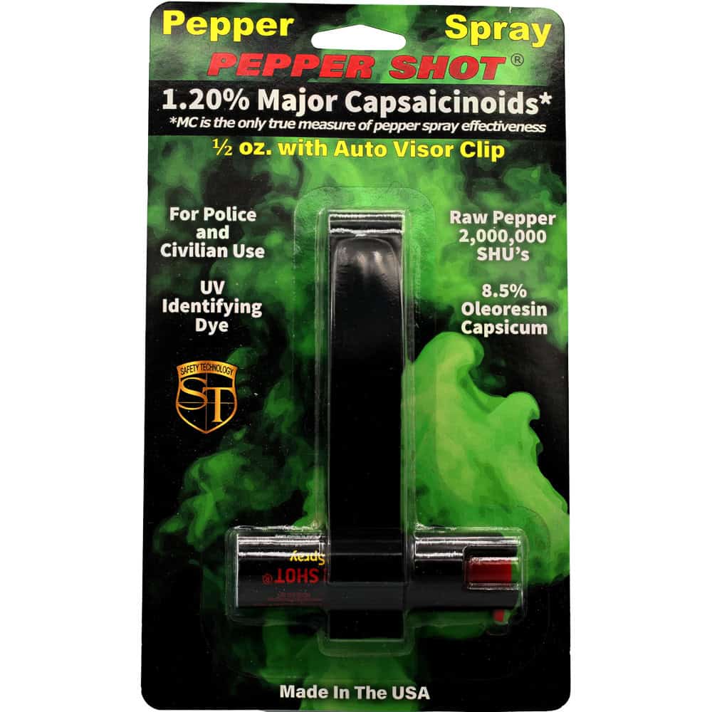 Pepper Shot pepper spray package with auto visor clip, 1.20% major capsaicinoids, UV dye for police and civilian use.