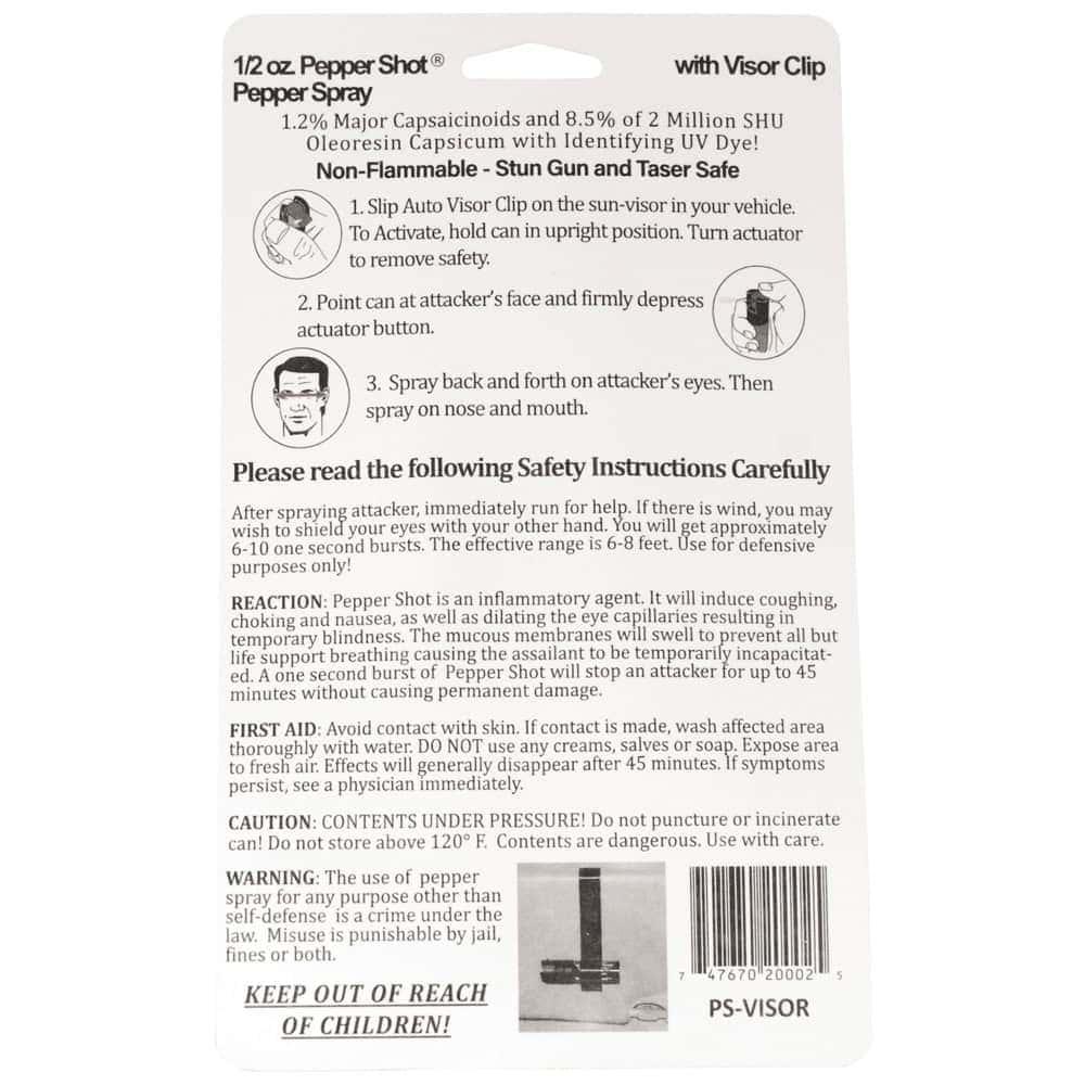 Back of Pepper Shot pepper spray package with usage instructions and safety warnings.