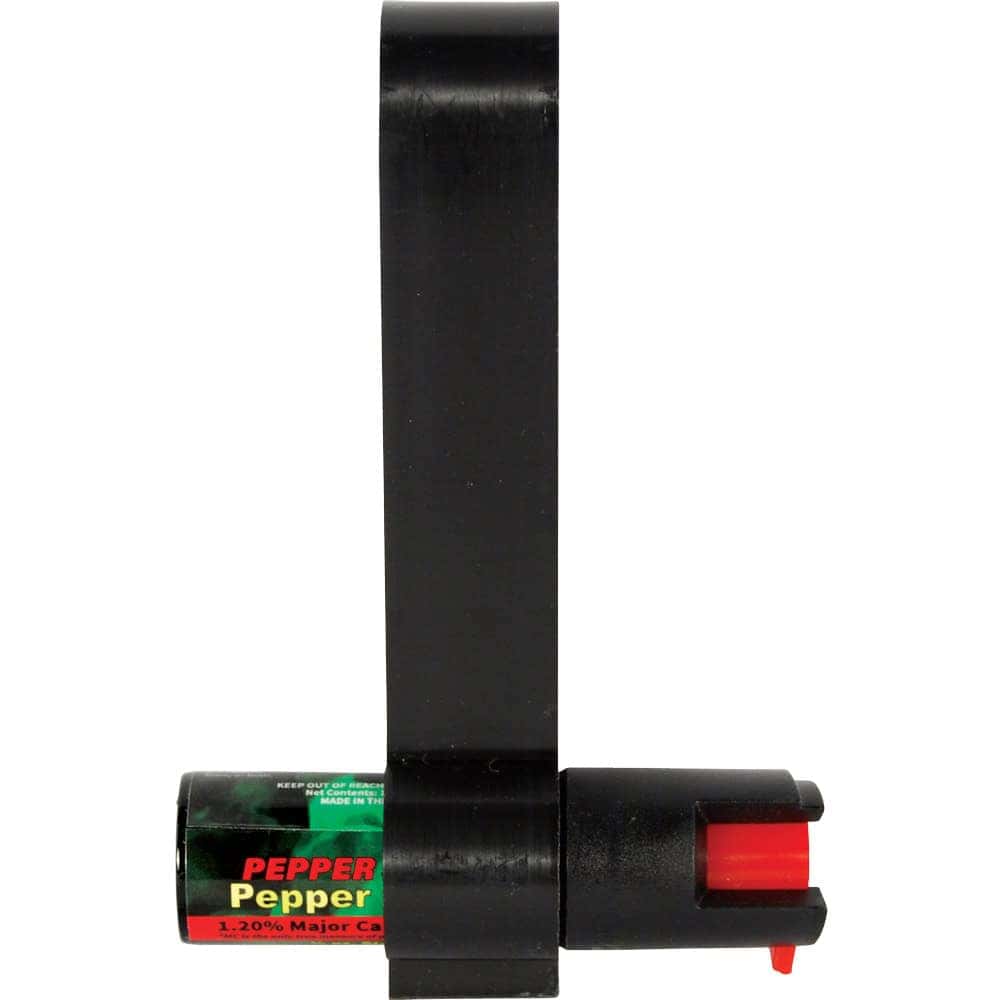 Compact pepper spray with a black holder, featuring 1.20% major capsaicinoids for personal safety.