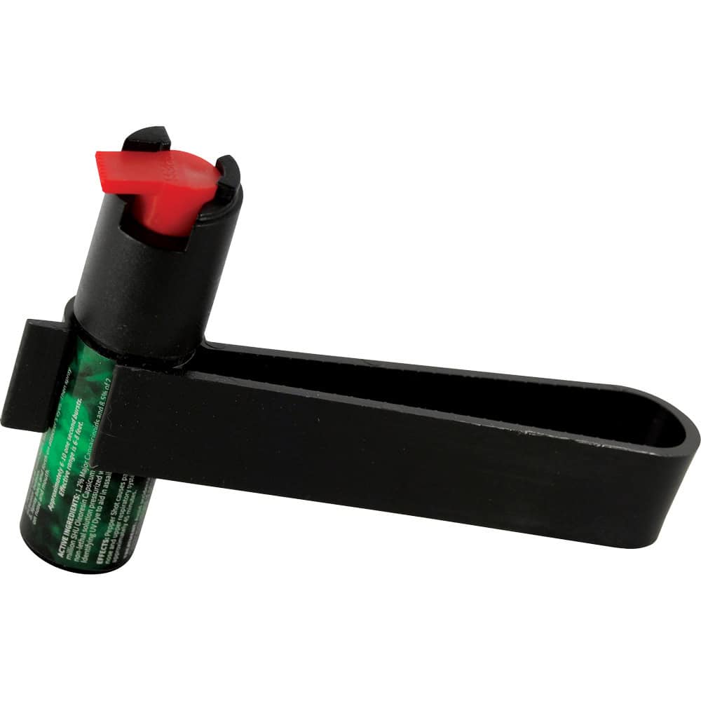 Black plastic keychain with a red pepper spray canister attached, designed for personal safety and easy access.