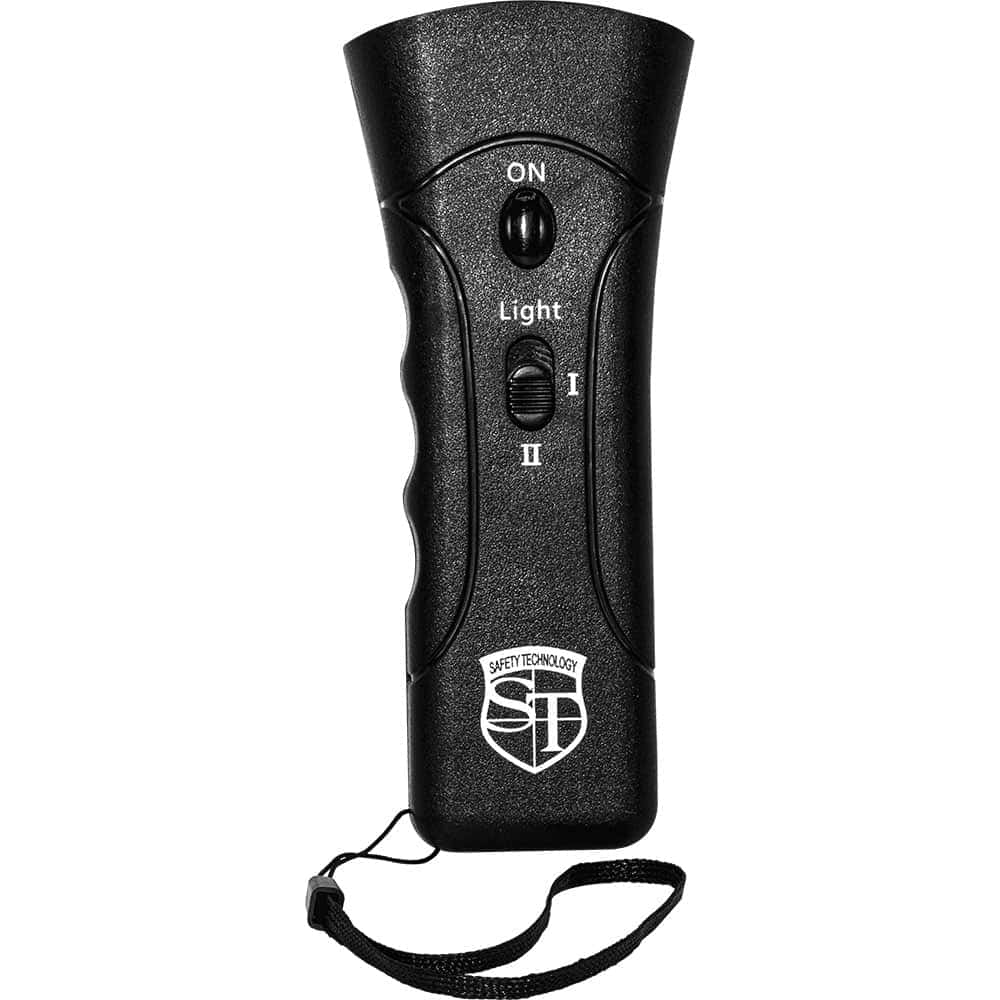 Black stun gun flashlight with grip and wrist strap for personal safety.